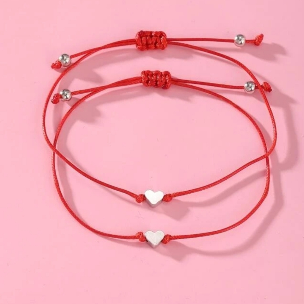 2 PIECE RED STRING PINKY PROMISE HEART BRACELET‎ SET WITH CARD Friends Lovers